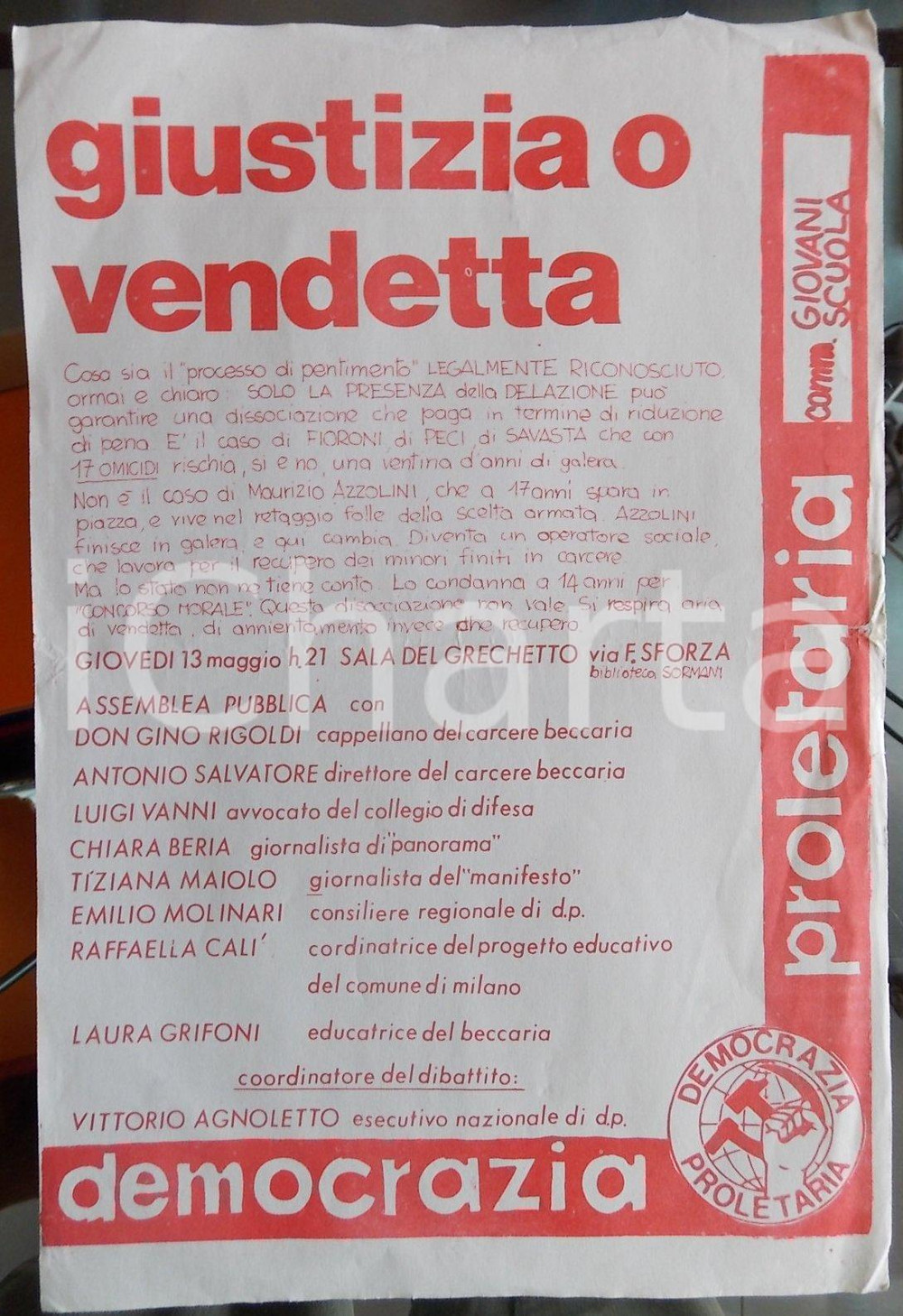 Giornale, rivista storica 1980 ca MILANO DEMOCRAZIA PROLETARIA Maurizio AZZOLINI giustizia o vendetta? 1