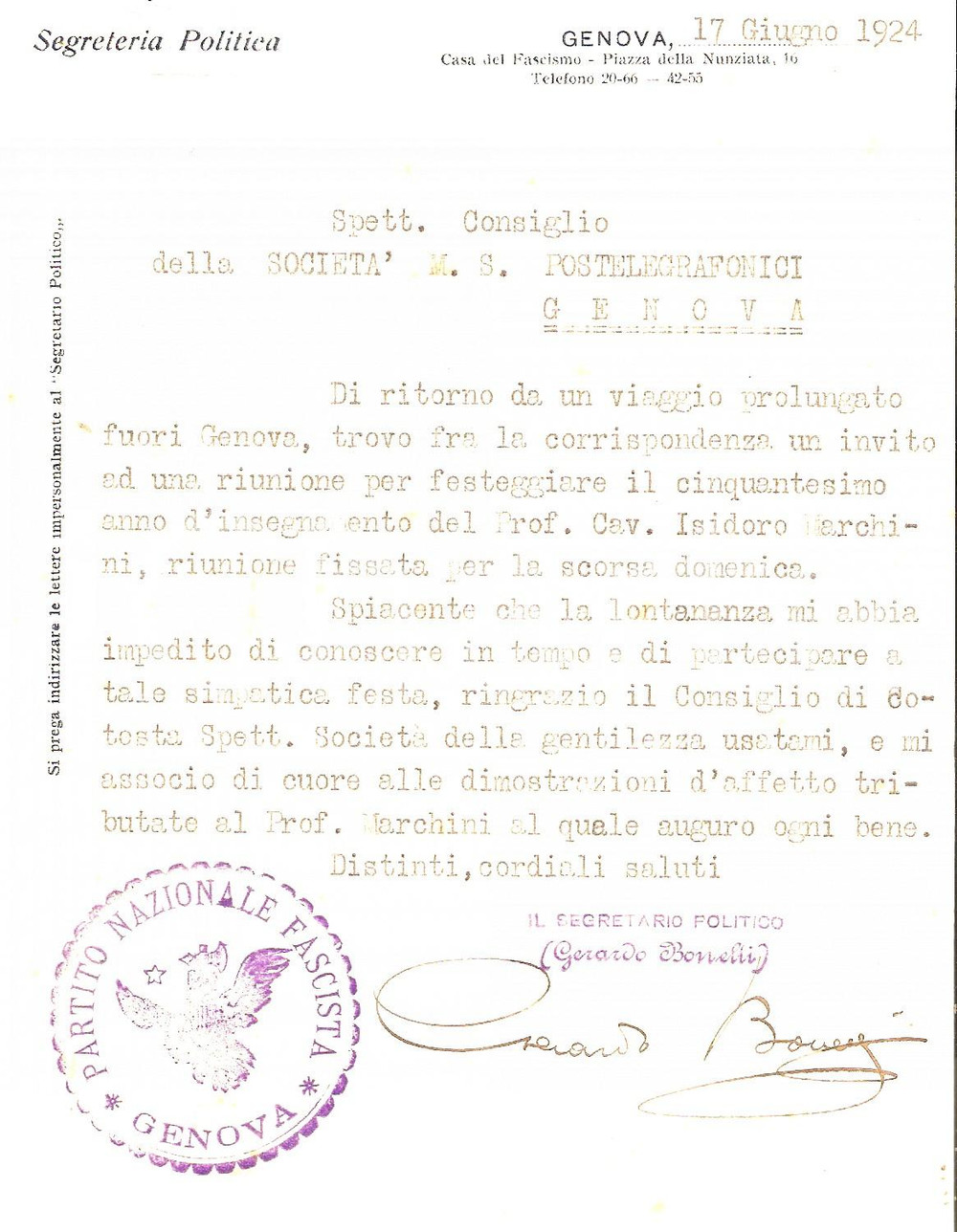 Autografo originale 1924 GENOVA Gerardo BONELLI su festa SocietÃ  Postelegrafonici Isidoro MARCHINI 1