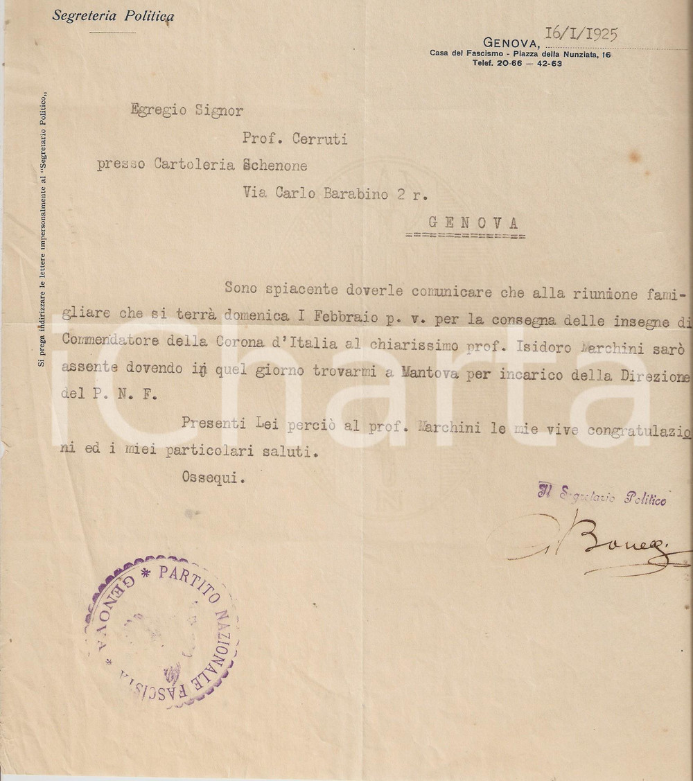 Autografo originale 1925 GENOVA Gerardo BONELLI insegne Corona d Italia a Isidoro MARCHINI AUTOGRAFO 1