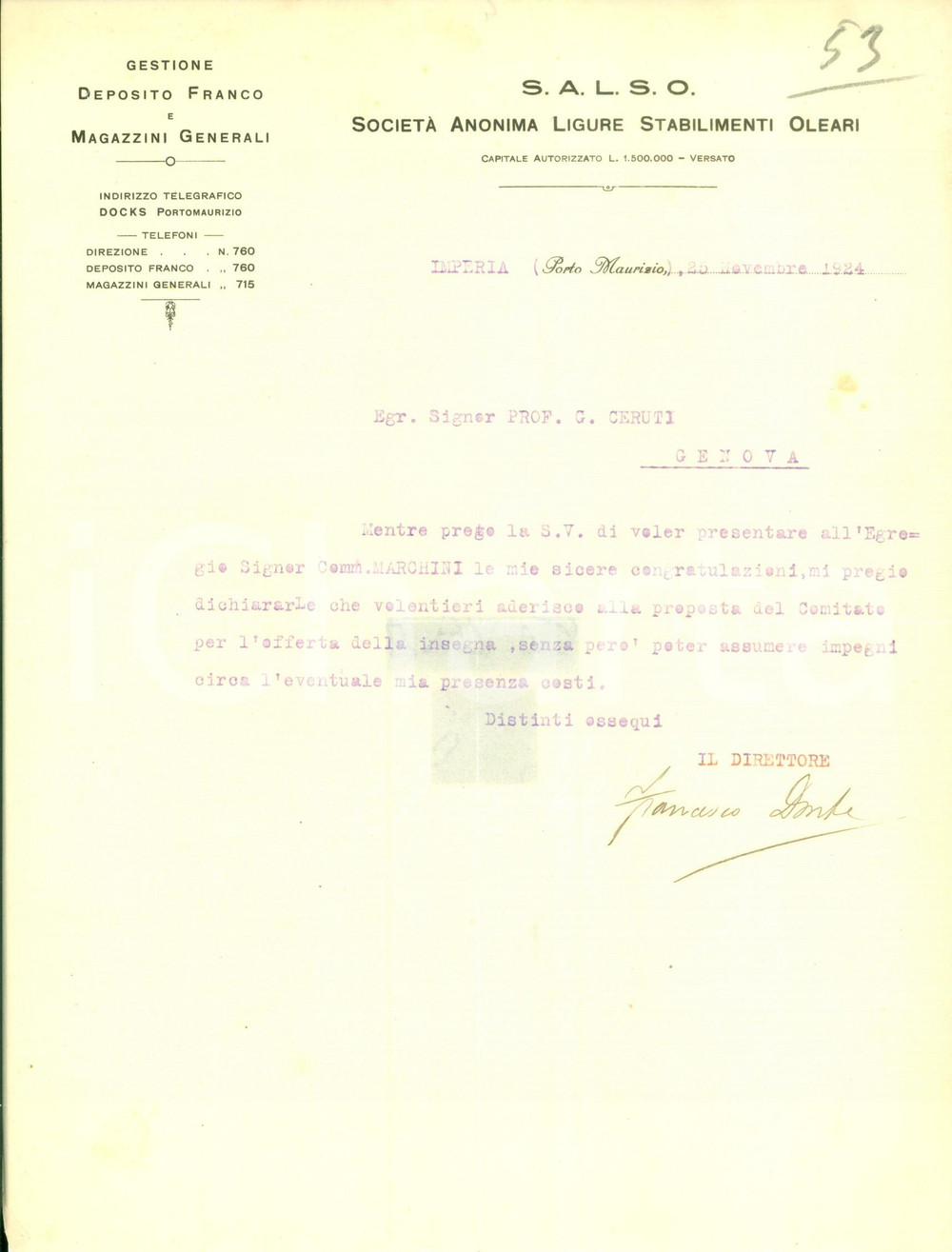 Autografo originale 1924 IMPERIA PORTO MAURIZIO Francesco DANTE Direttore SALSO Stabilimenti Oleari 1