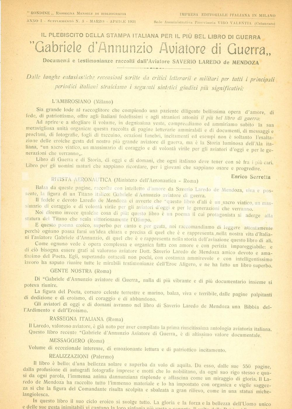 Documento originale, autentico 1931 MILANO Gabriele D ANNUNZIO aviatore guerra Rassegna stampa Impresa RONDINE 1