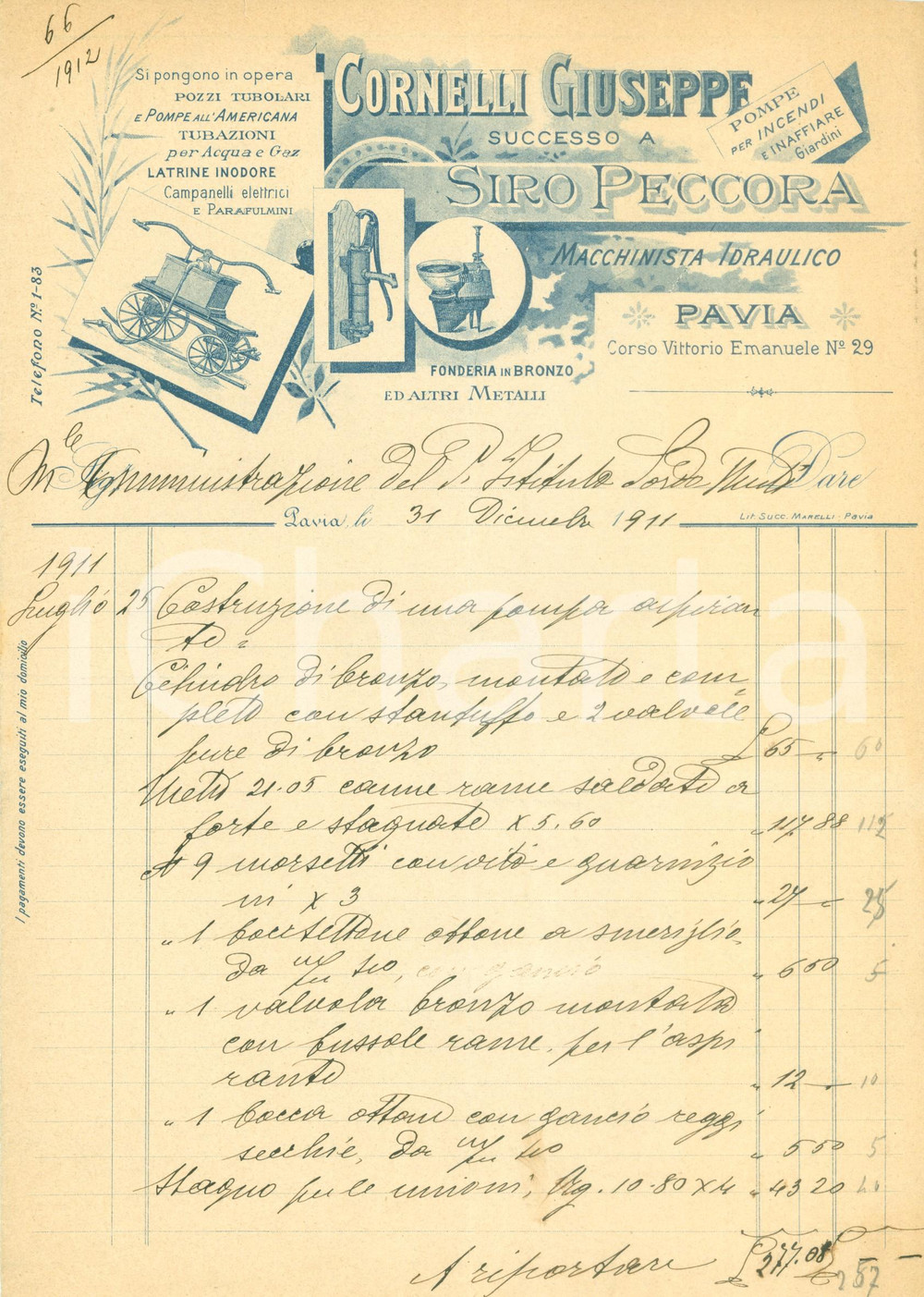 Documento originale, autentico 1911 PAVIA Giuseppe CORNELLI Siro PECCORA macchinista idraulico ILLUSTRATA 1