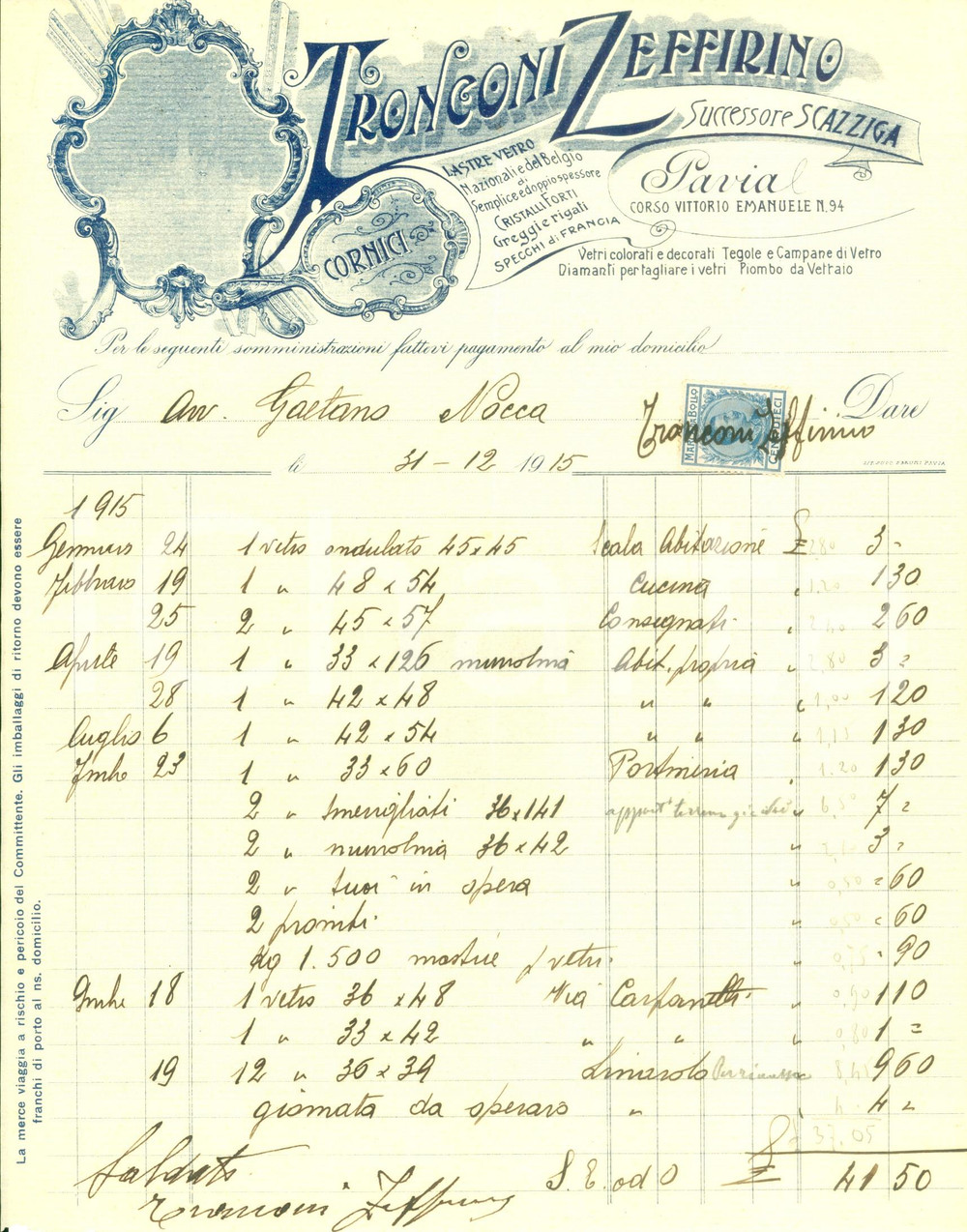 Documento originale, autentico 1915 PAVIA Zeffirino TRONCONI successore SCAZZIGA cornici specchi di FRANCIA 1