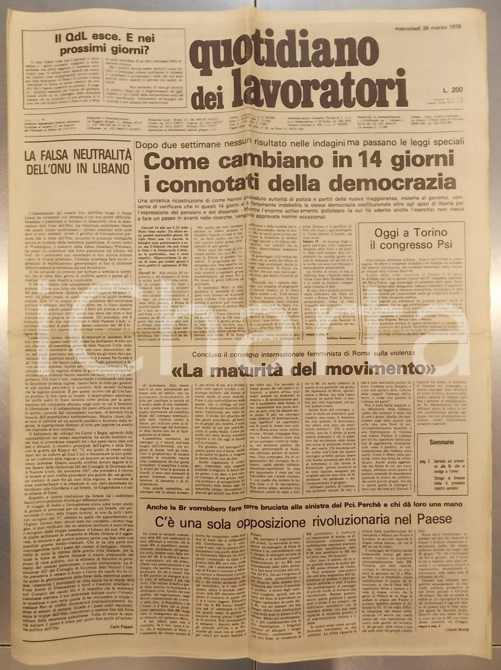 Giornale, rivista storica 1978 QUOTIDIANO LAVORATORI Quattordici giorni dopo rapimento Aldo MORO Giornale 1