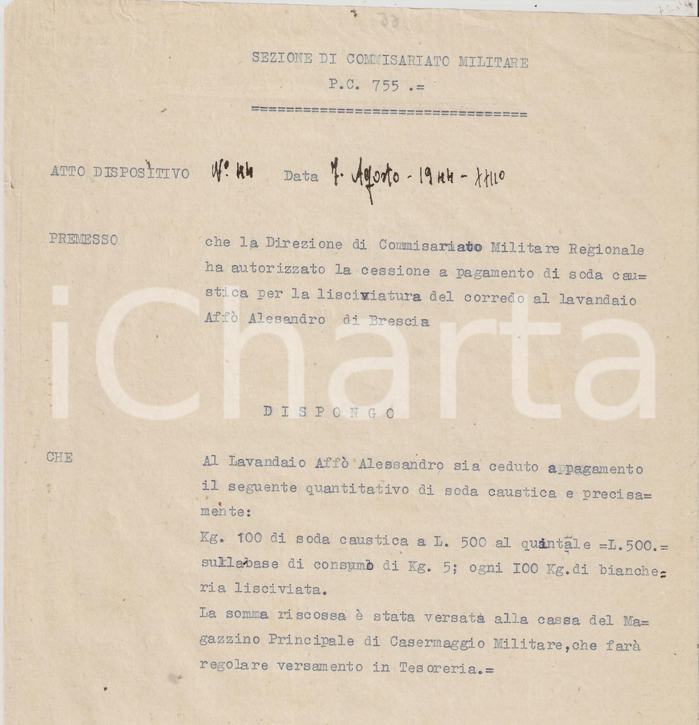 Documento originale, autentico 1944 BRESCIA RSI P.C. 755 Lavandaio Alessandro AFFO  riceve soda caustica Velina 1