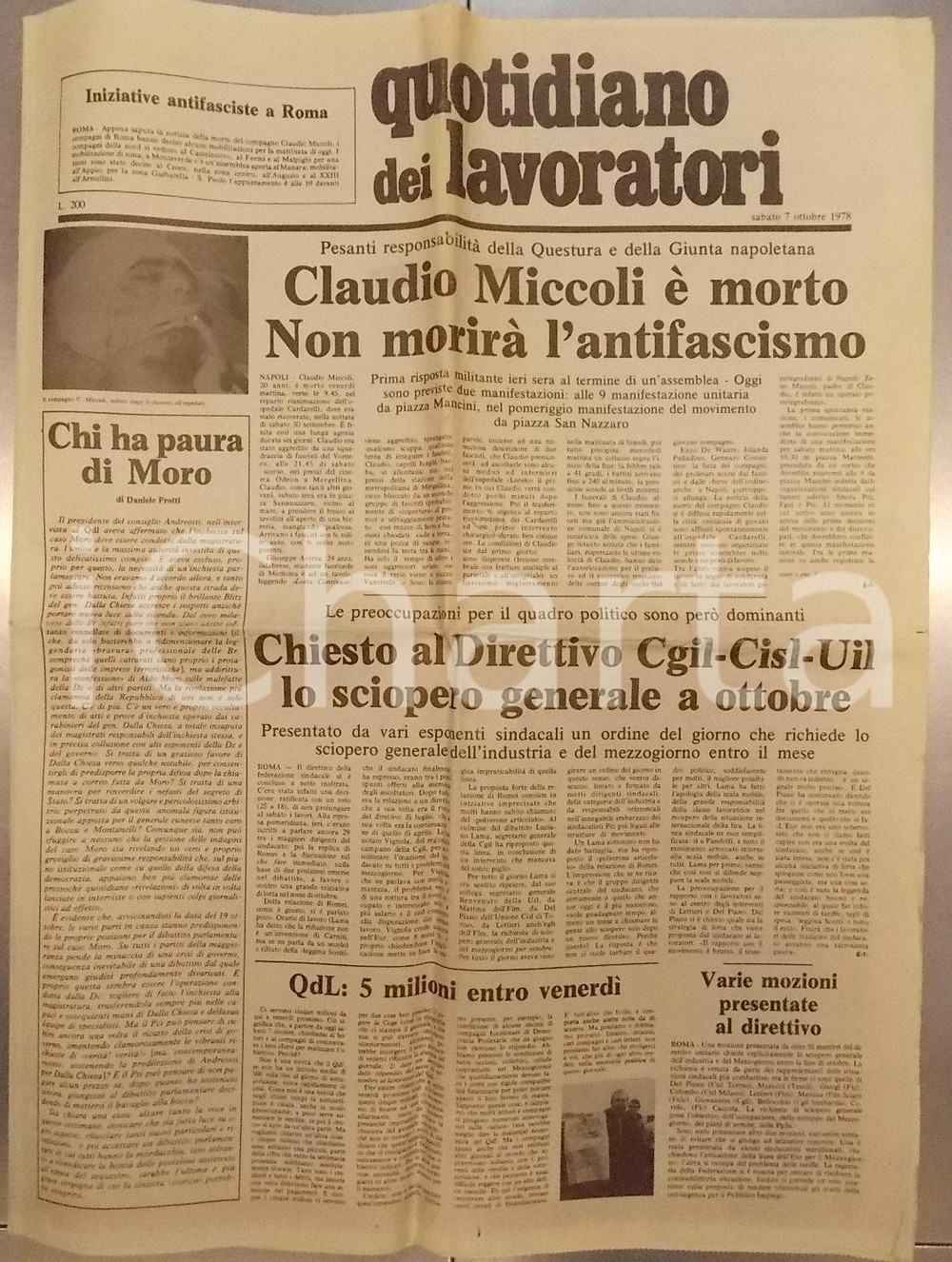 Giornale, rivista storica 1978 QUOTIDIANO LAVORATORI Claudio MICCOLI Ã¨ morto ma non l antifascismo 1