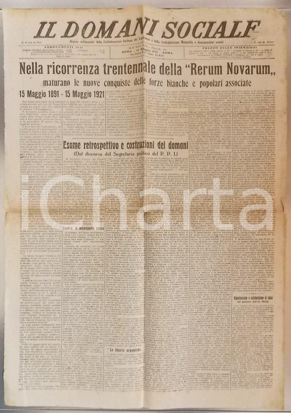 Giornale, rivista storica 1921 IL DOMANI SOCIALE Trent anni dopo l enciclica RERUM NOVARUM Giornale 1