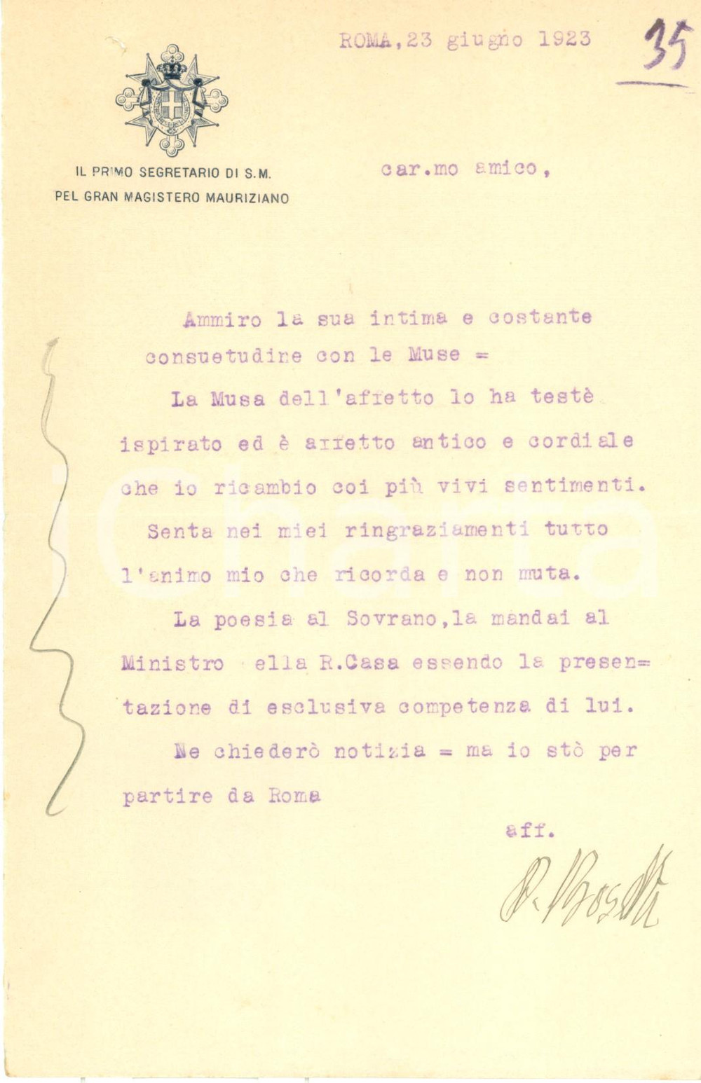 Autografo originale 1923 ROMA Paolo BOSELLI Primo Segretario GRAN MAGISTERO MAURIZIANO Autografo 1