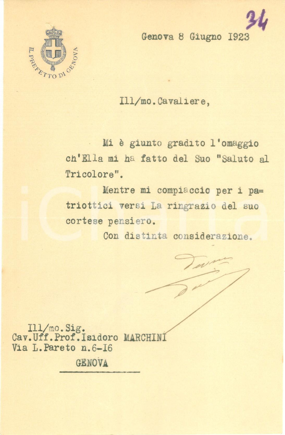 Autografo originale 1923 GENOVA Prefetto Michele DARDESIO ringrazia per invio di volume AUTOGRAFO 1