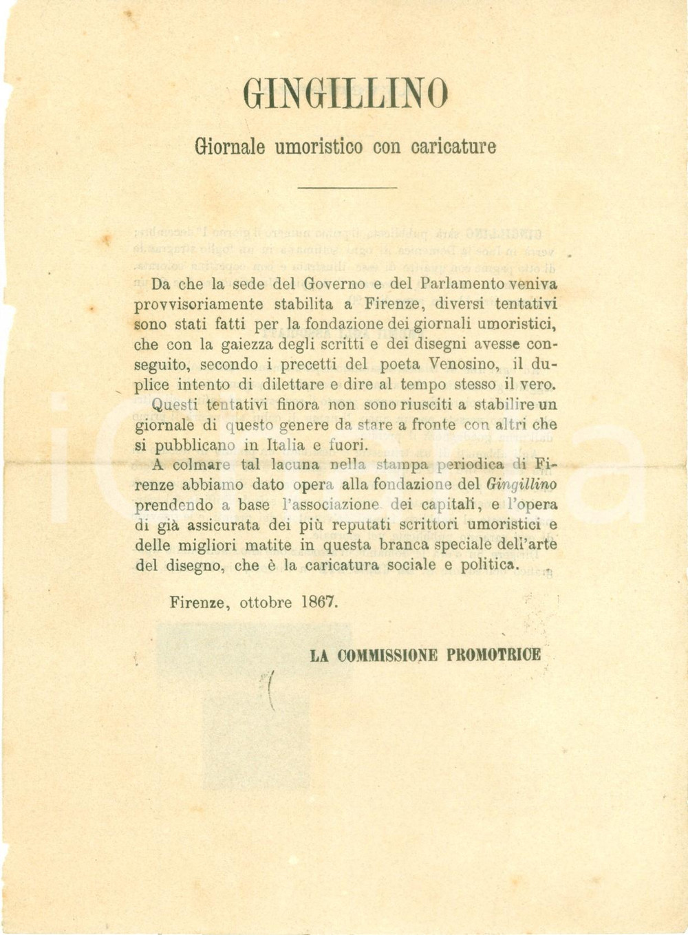 Documento originale, autentico 1867 FIRENZE Annuncio pubblicazione del GINGILLINO nuovo giornale umoristico 1