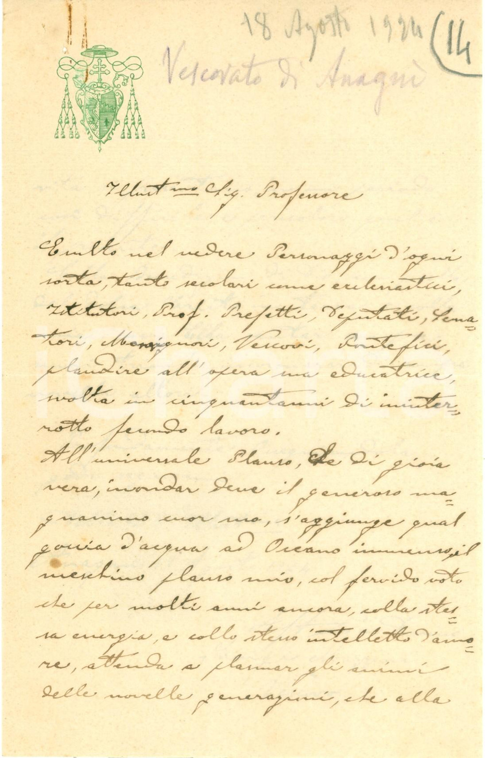 Autografo originale 1924 ANAGNI Vescovo Luigi MAZZINI si congratula con Isidoro MARCHINI AUTOGRAFO 1