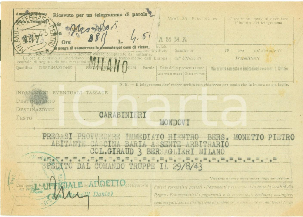 Documento originale, autentico 1943 MILANO Bersagliere Pietro MONETTO assente arbitrario Telegramma per rientro 1