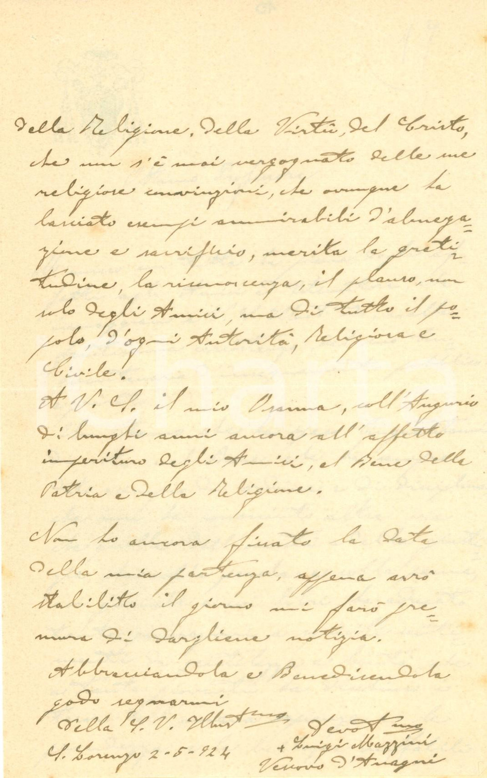 Autografo originale 1924 ANAGNI FR Vescovo Luigi MAZZINI elogia con Isidoro MARCHINI AUTOGRAFO 1