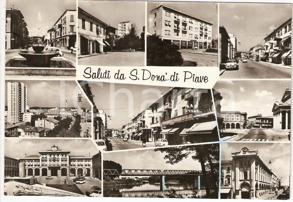 Cartolina originale da collezione 1968 SAN DONA  DI PIAVE VE Vedutine con fontana e municipio ANIMATA FG VG 1