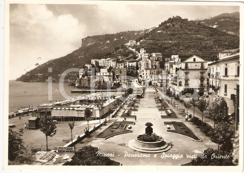 Cartolina originale da collezione 1956 MINORI SA Panorama con bagni NAIADE IDEAL bar insegna ENI ANIMATA FG VG 1
