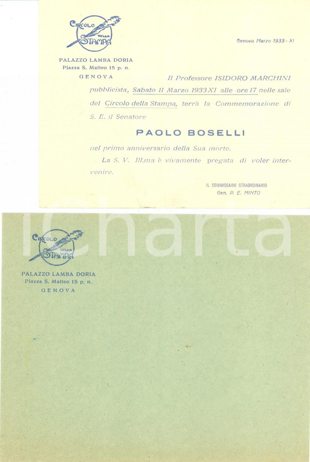 Documento originale, autentico 1933 GENOVA Circolo della Stampa Isidoro MARCHINI commemora Paolo BOSELLI 1