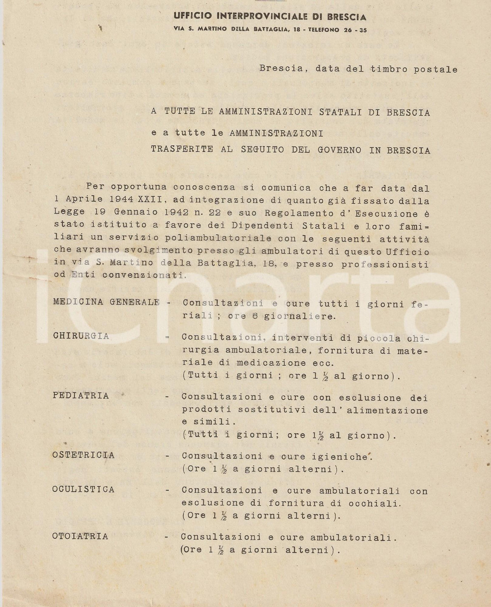 Documento originale, autentico 1944 BRESCIA P.C. 755 Istituzione di un poliambulatorio per dipendenti comunali 1
