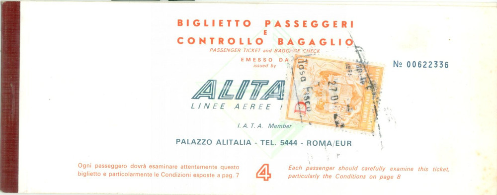 Oggetto da collezione cartaceo 1969 ALITALIA Biglietto passeggeri e bagaglio Viaggi GIULIANI LAUDI & C. 1