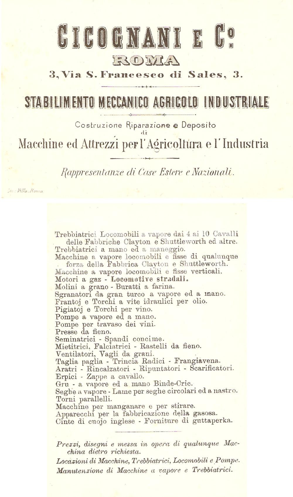 Materiale pubblicitario d’epoca 1925 ca ROMA Ditta CICOGNANI & C.o Macchine e attrezzi agricoltura e industria 1