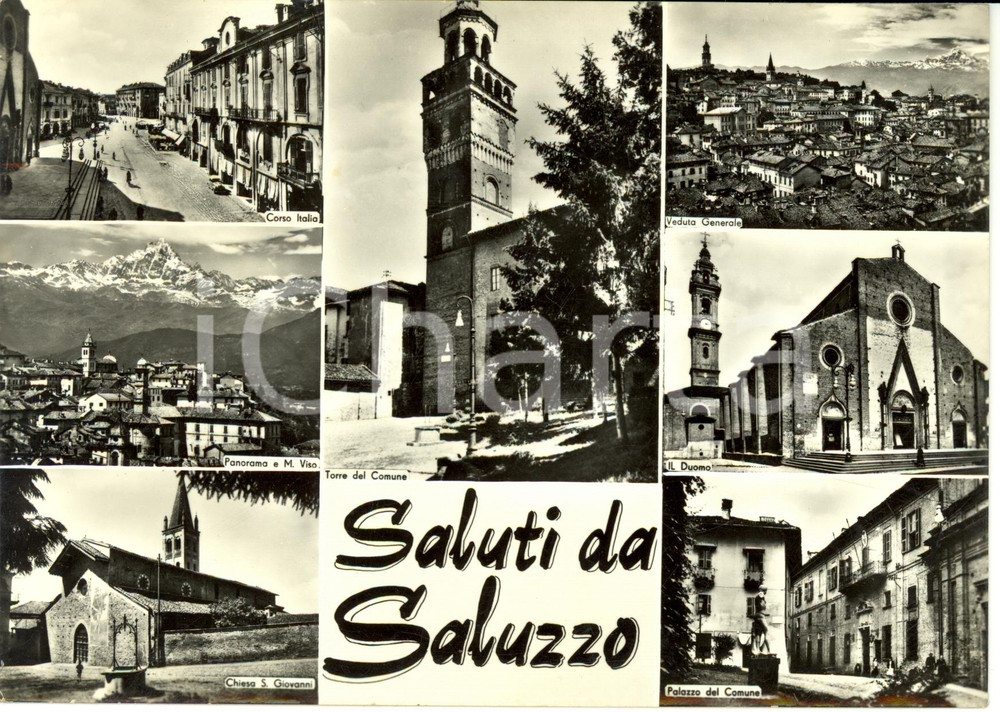 Cartolina originale da collezione 1960 SALUZZO CN Vedutine con corso ITALIA e chiesa SAN GIOVANNI ANIMATA FG VG 1