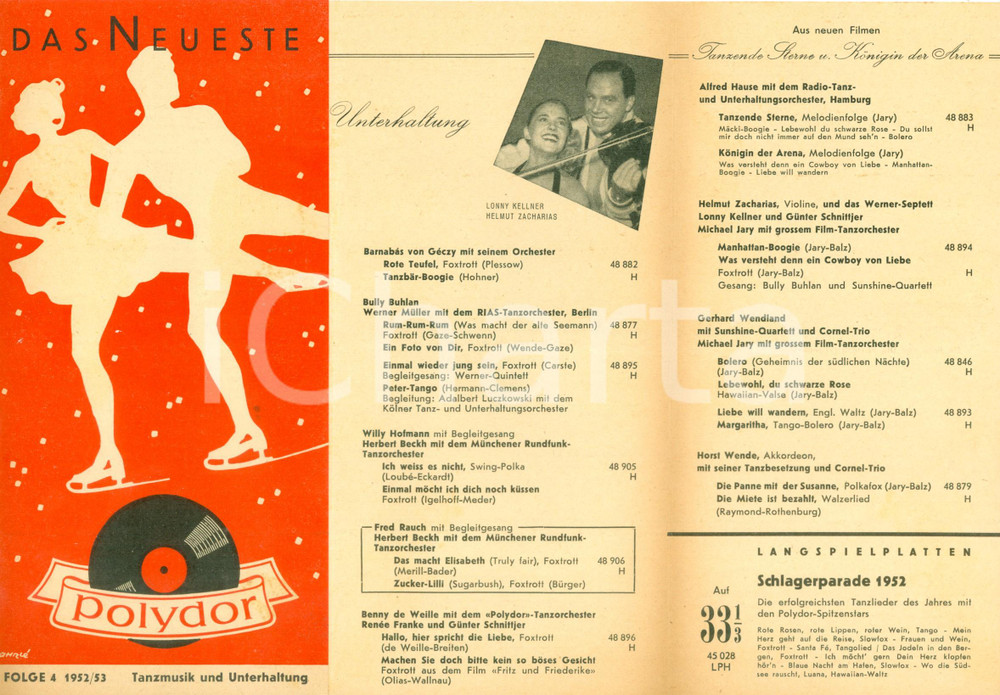 Materiale pubblicitario d’epoca 1952 POLYDOR RECORDS Opuscolo pubblicitario ILLUSTRATO novitÃ  musicali GERMANIA 1