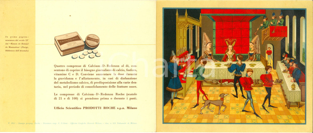 Materiale pubblicitario d’epoca 1935 ca MILANO Prodotti ROCHE Farmaco CALCIUM D REDOXON Pieghevole ILLUSTRATO 1