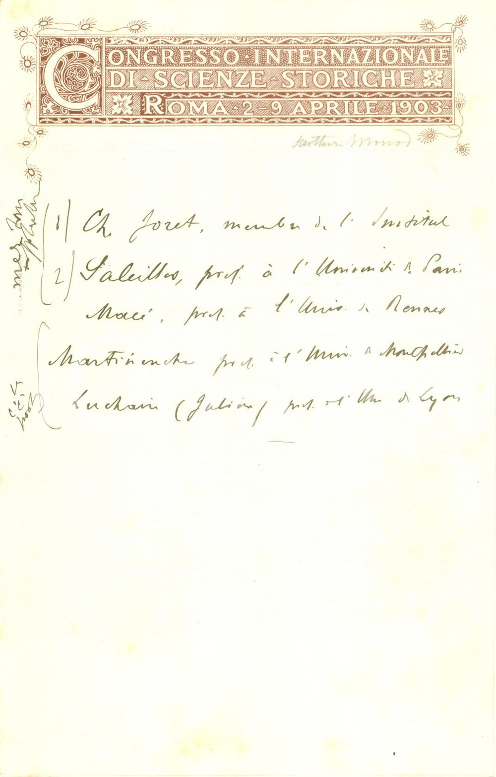 Documento originale, autentico 1903 ROMA Congresso Internazionale Scienze Storiche Appunti su carta intestata 1