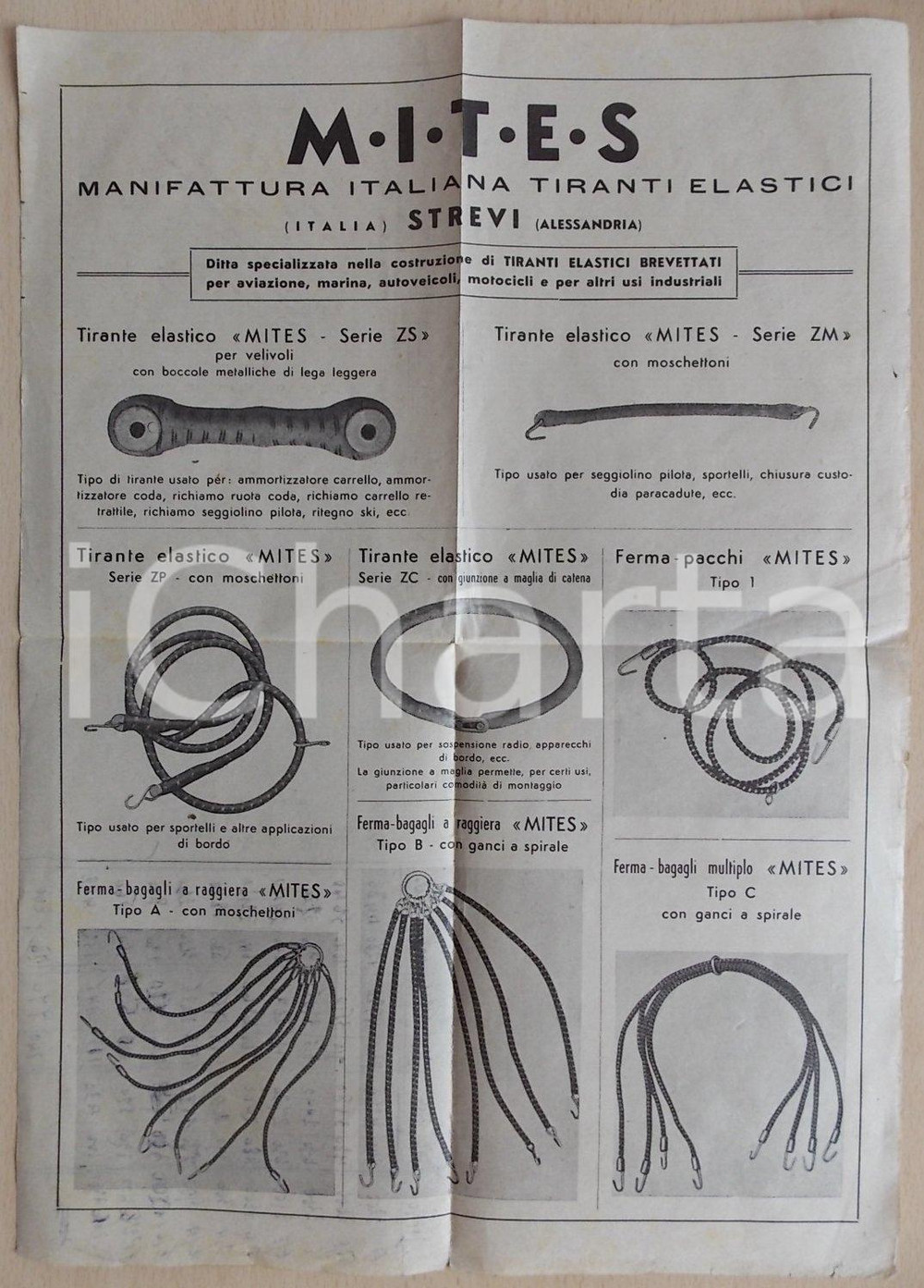 Materiale pubblicitario d’epoca 1945 ca STREVI AL Manifattura Italiana Tiranti Elastici MITES Illustrato 1