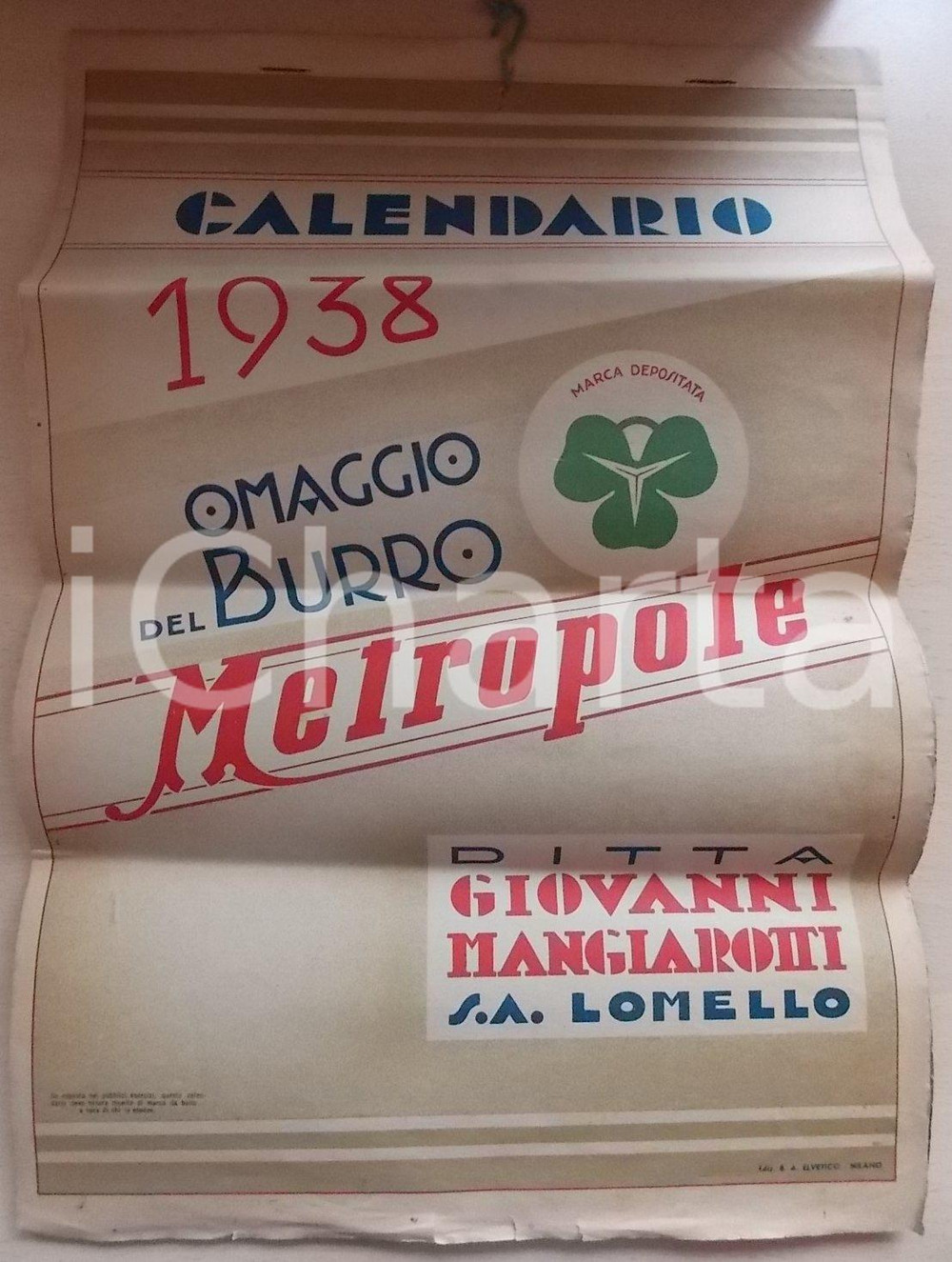 Oggetto da collezione cartaceo 1938 LOMELLO PV Ditta Giovanni MANGIAROTTI Burro METROPOLE Calendario 1