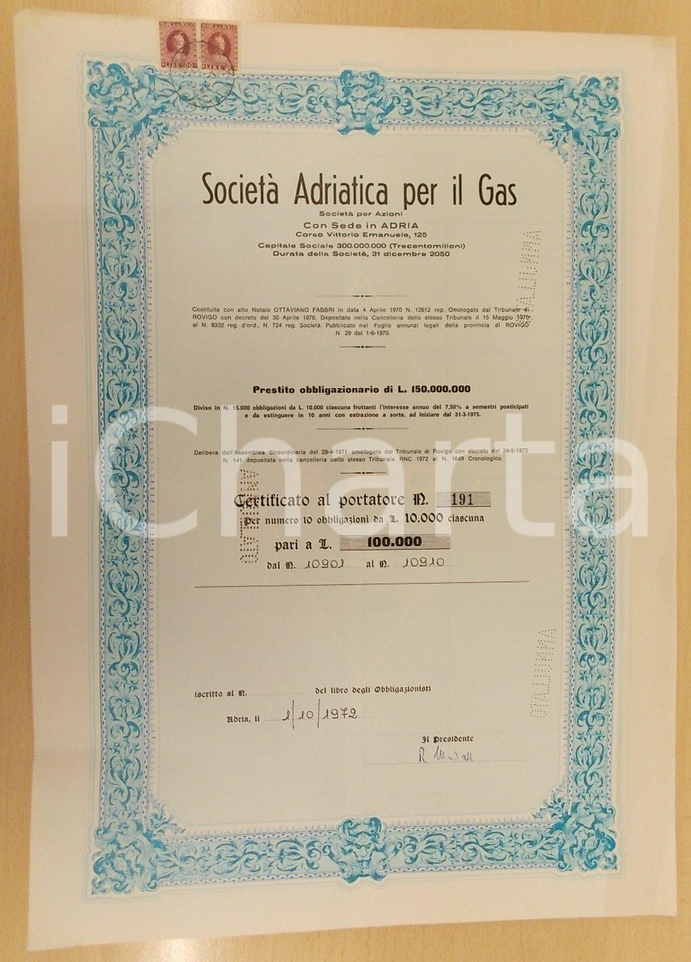 Oggetto da collezione cartaceo 1972 ADRIA RO Società Adriatica Gas Certificato azionario con 17 CEDOLE 1 1