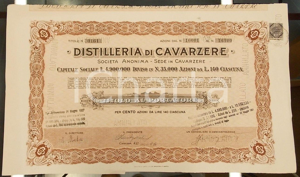 Oggetto da collezione cartaceo 1926 CAVARZERE VE Certificato azionario Distilleria S.A. foratura di annullo 1