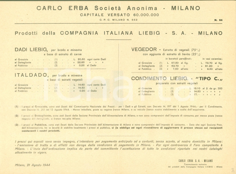 Materiale pubblicitario d’epoca 1944 MILANO BOVISA Carlo ERBA Compagnia Italiana LIEBIG Dadi VEGEDOR Italdado 1 1