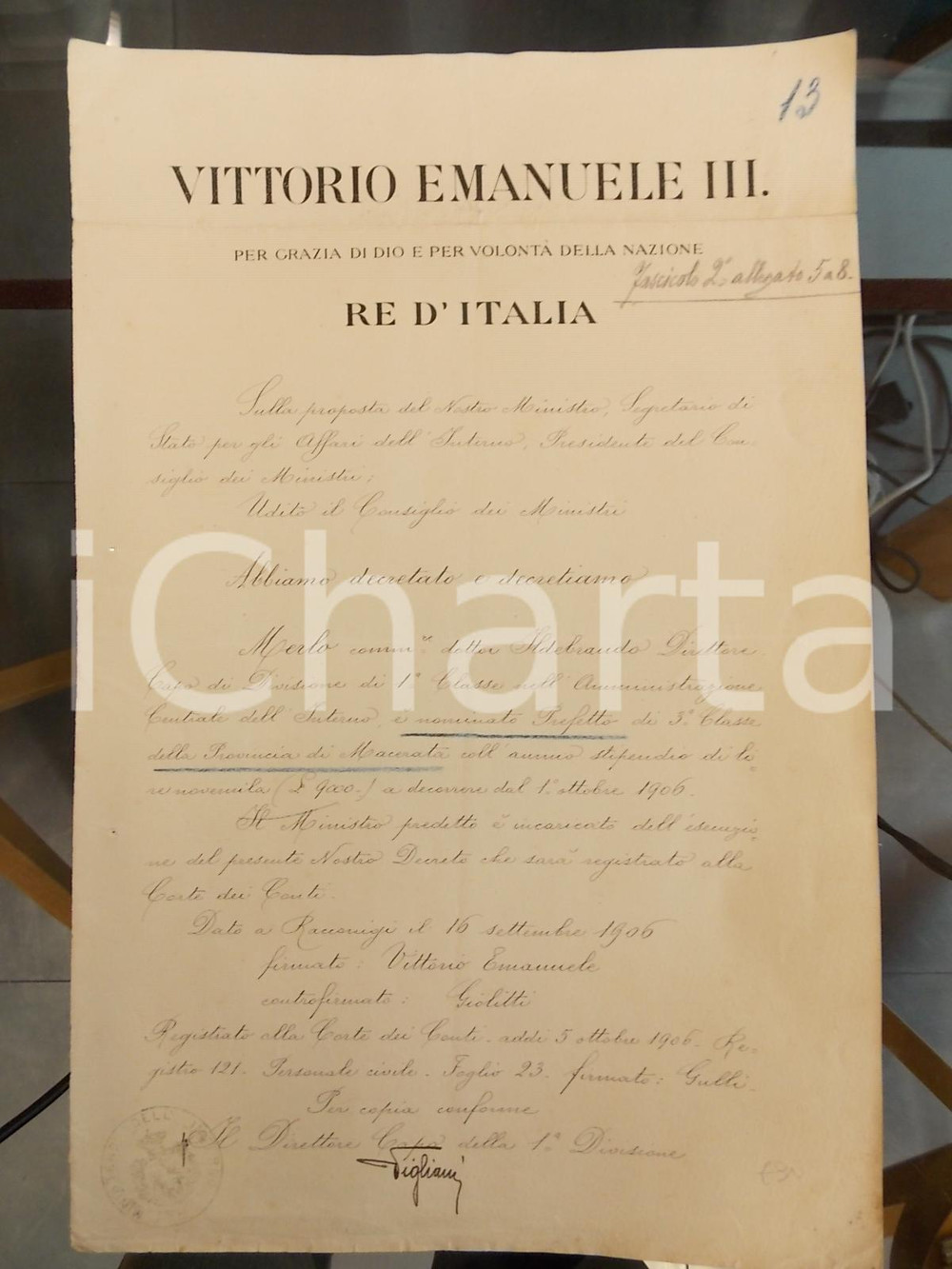Documento originale, autentico 1906 RACCONIGI CN Ildebrando MERLO nominato Prefetto 3 classe di MACERATA 1