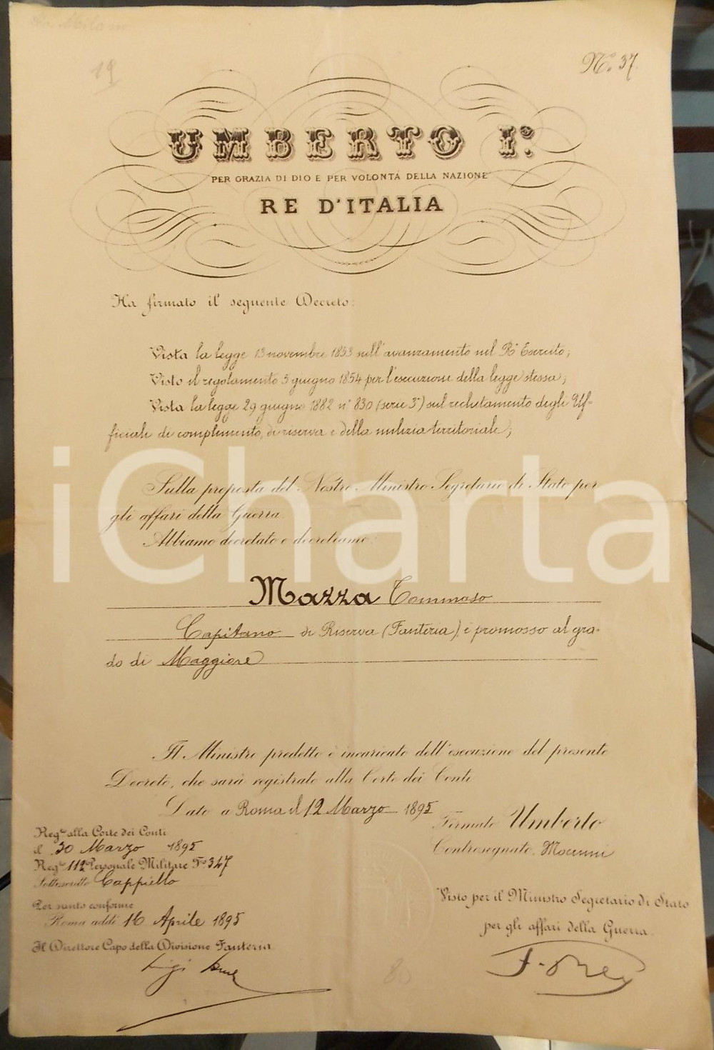Documento originale, autentico 1895 ROMA Capitano Tommaso MAZZA promosso Maggiore di Fanteria Decreto 1