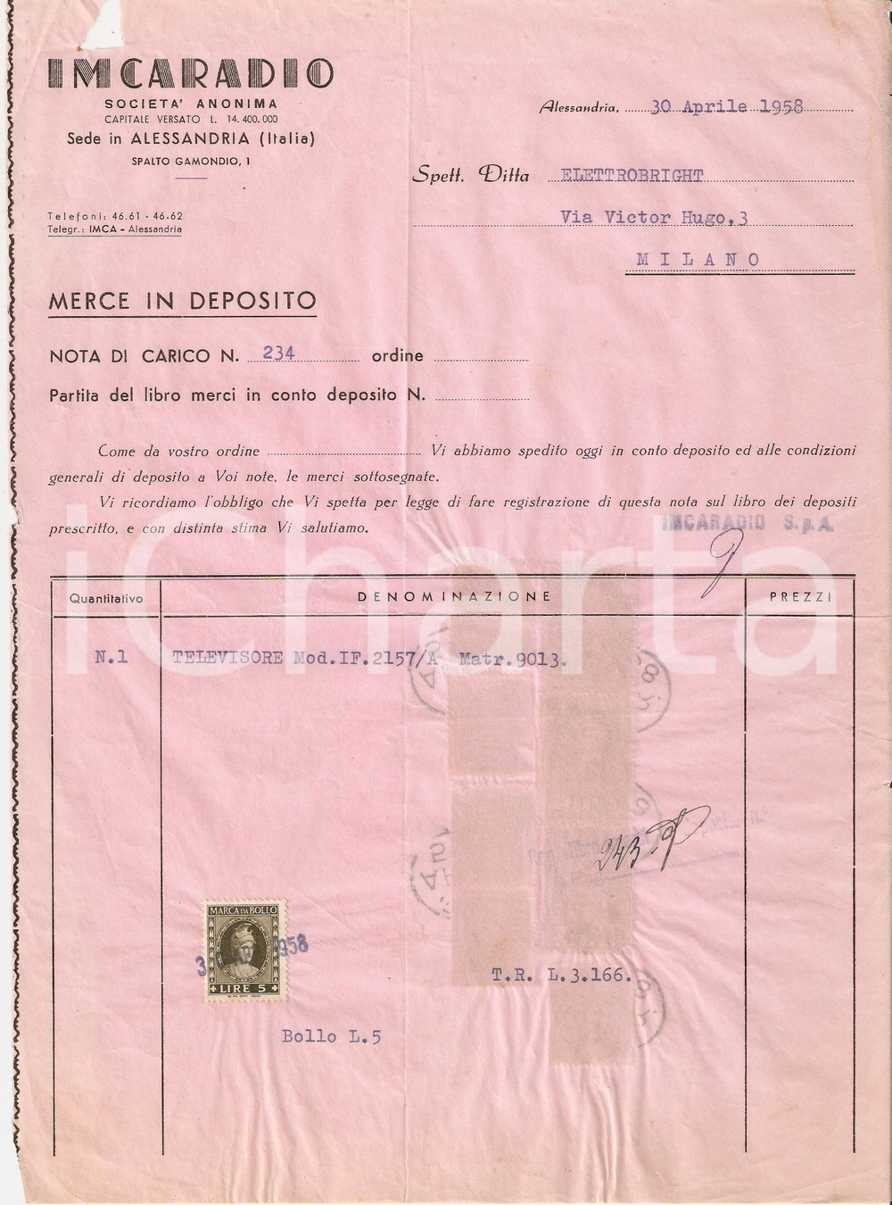 Documento originale, autentico 1958 ALESSANDRIA Località SPALTO GAMONDIO SocietÃ  Anonima IMCARADIO Fattura 1