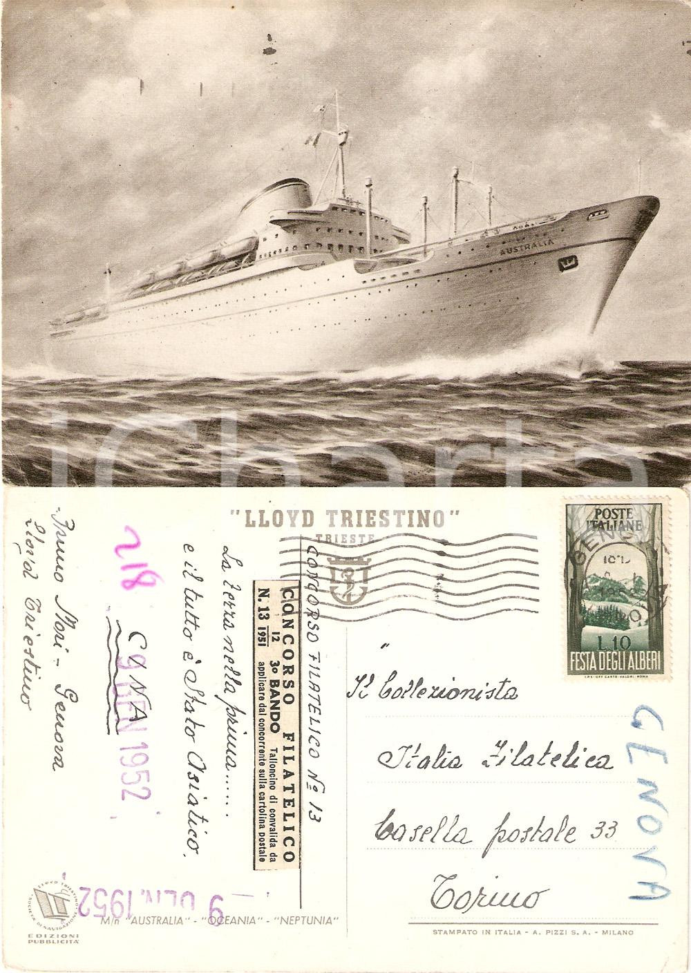 Cartolina originale da collezione 1952 MARINA MERCANTILE Motonave AUSTRALIA Concorso Filatelico Cartolina FG VG 1