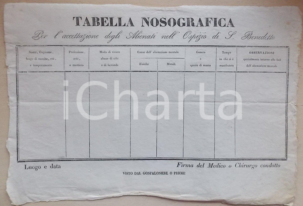 Documento originale, autentico 1865 ca PESARO Accettazione alienati nell Ospizio di SAN BENEDETTO Documento 1