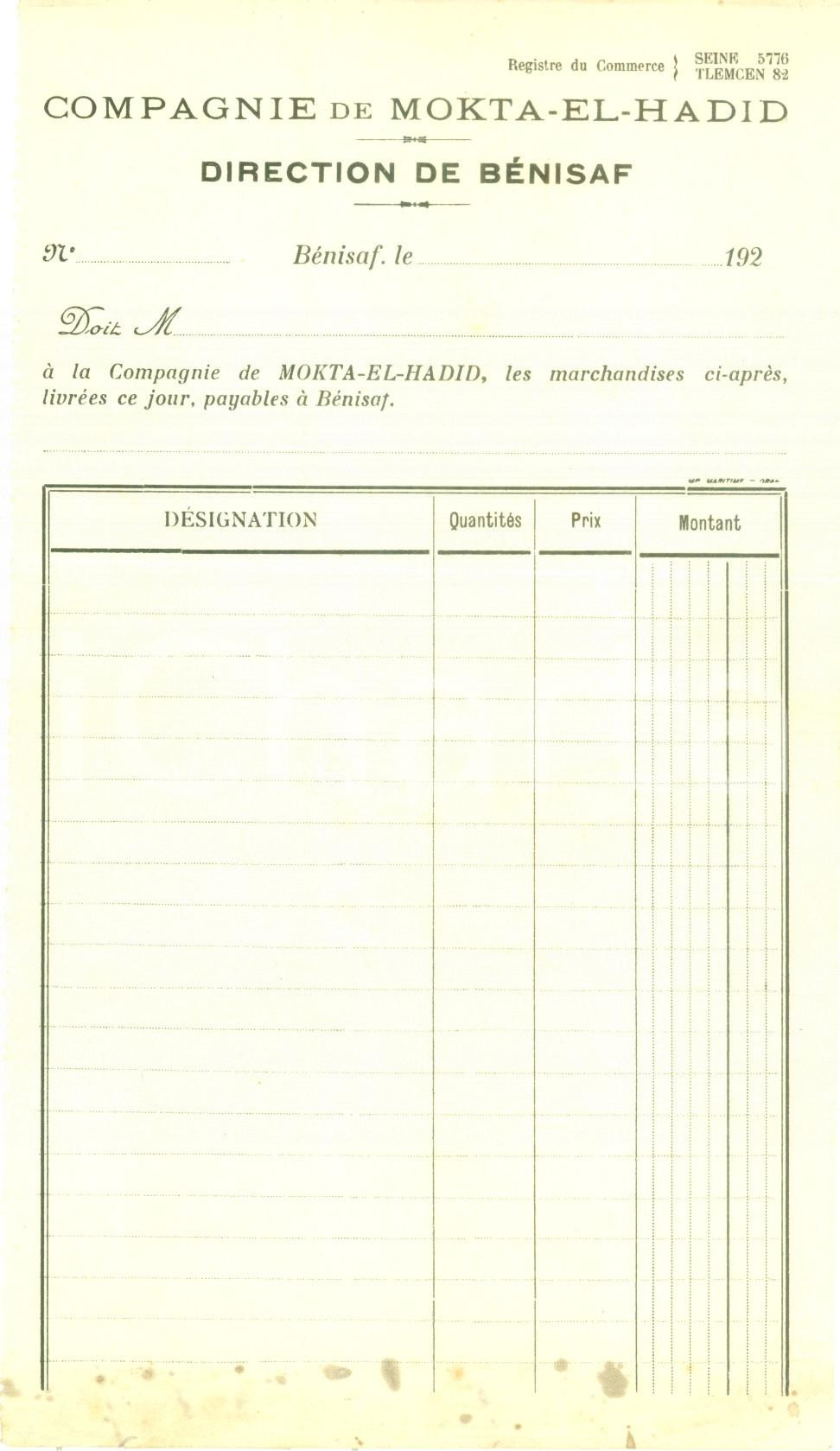 Documento originale, autentico 1920 ca BENISAF ALGERIE Compagnie de MOKTAELHADID Ricevuta non compilata 1