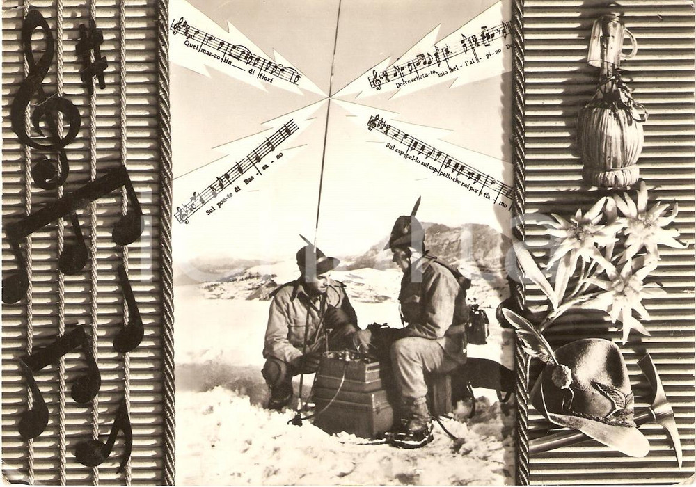 Cartolina originale da collezione 1959 ALPINI ascoltano musica con radio militare Cartolina FG VG 1