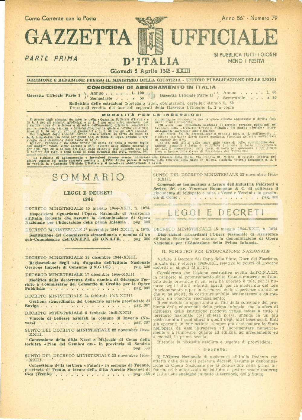 Documento originale, autentico 1945 GAZZETTA UFFICIALE RSI Modifiche Opera Nazionale Assistenza ITALIA REDENTA 1