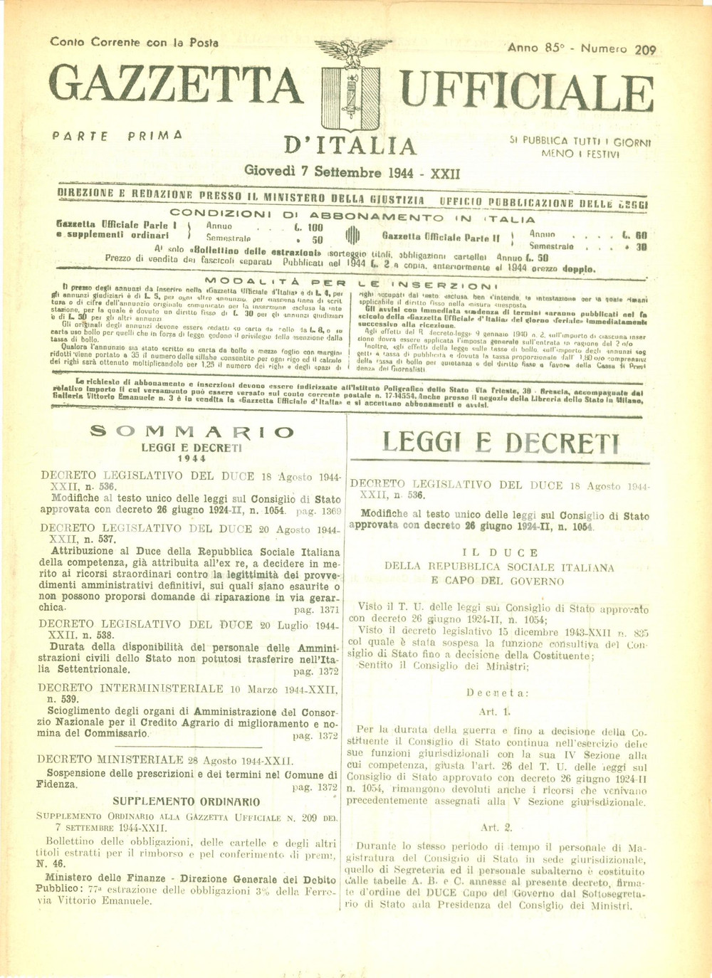 Documento originale, autentico 1944 GAZZETTA UFFICIALE RSI Benito MUSSOLINI assume alcune prerogative ex re 1