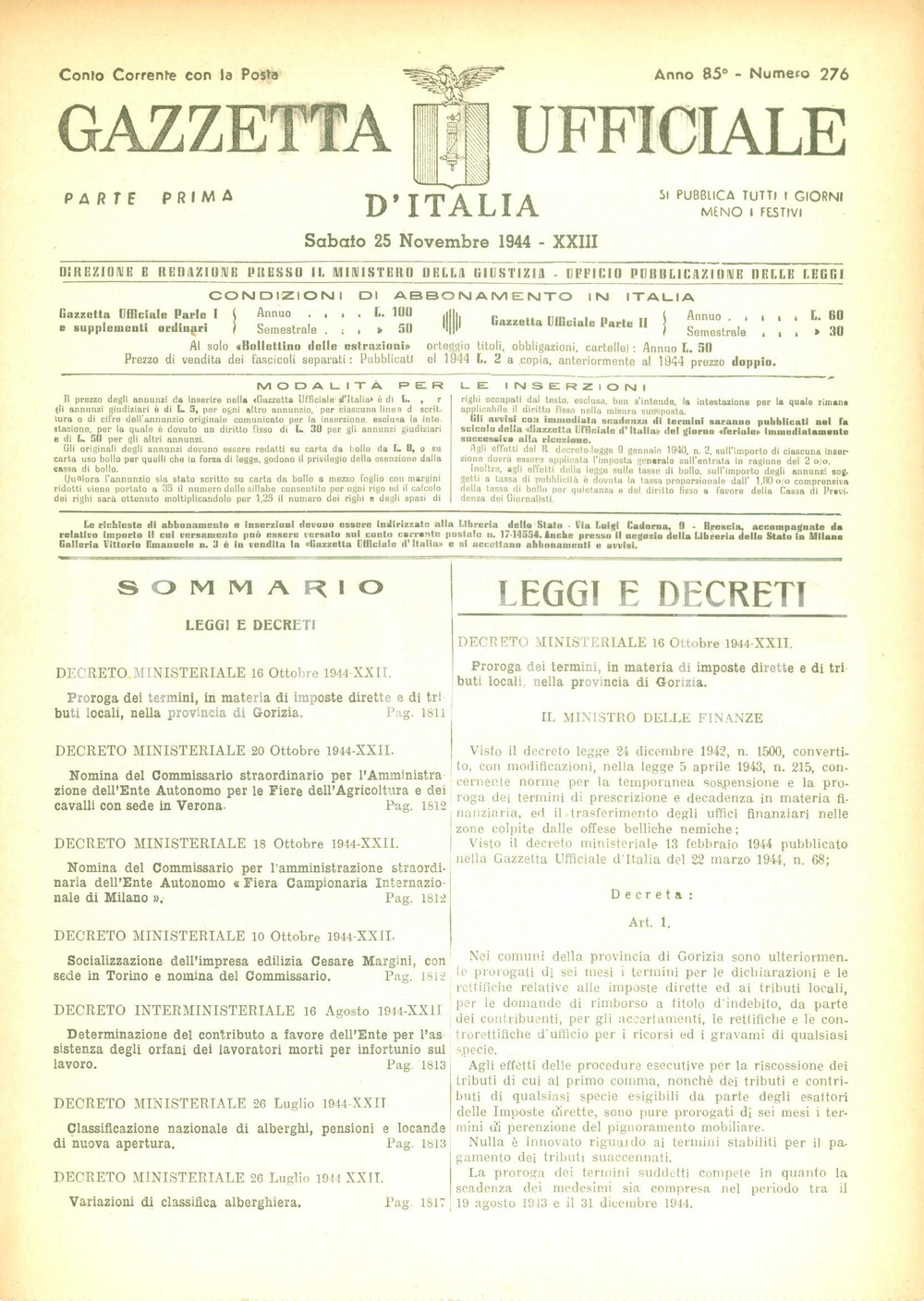 Documento originale, autentico 1944 GAZZETTA UFFICIALE RSI Classificazione nazionale alberghi pensioni locande 1