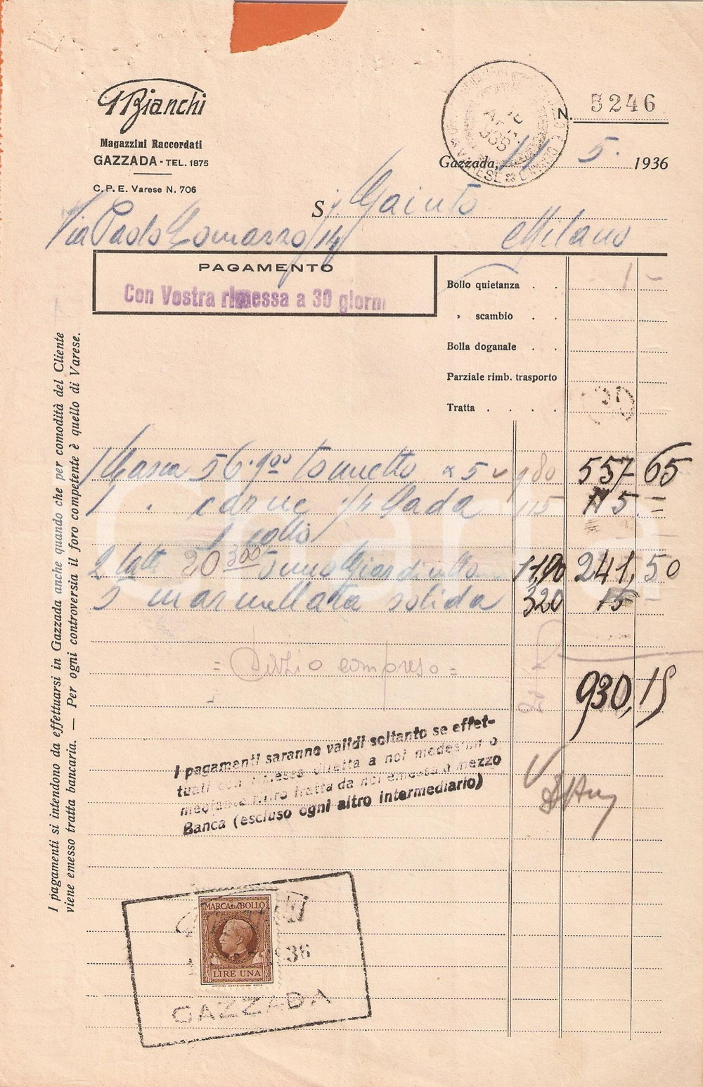 Documento originale, autentico 1936 GAZZADA SCHIANNO VA Magazzini raccordati G.BIANCHI Alimentari Fattura 1