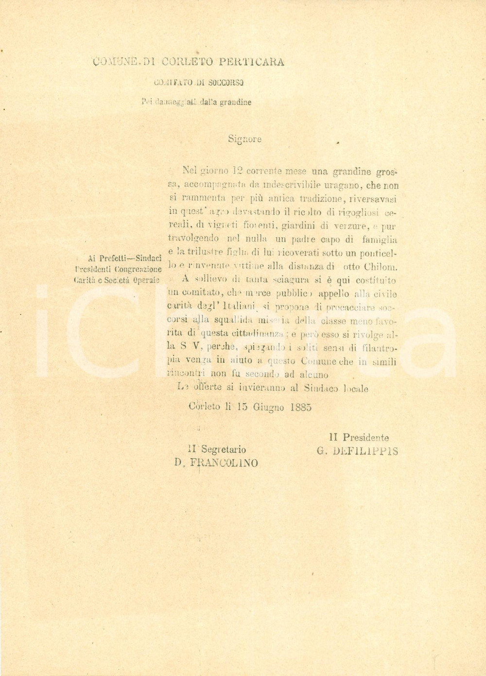 Documento originale, autentico 1885 CORLETO PERTICARA PZ Grandine grossa e uragano devastano le terre 1