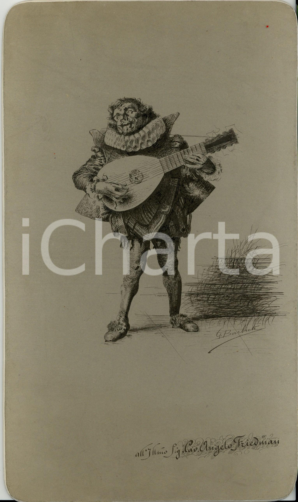 Opera d’arte autentica 1880 ca Incisore G. BARBUTI Il menestrello aulico DISEGNO A CHINA fatto a mano 1