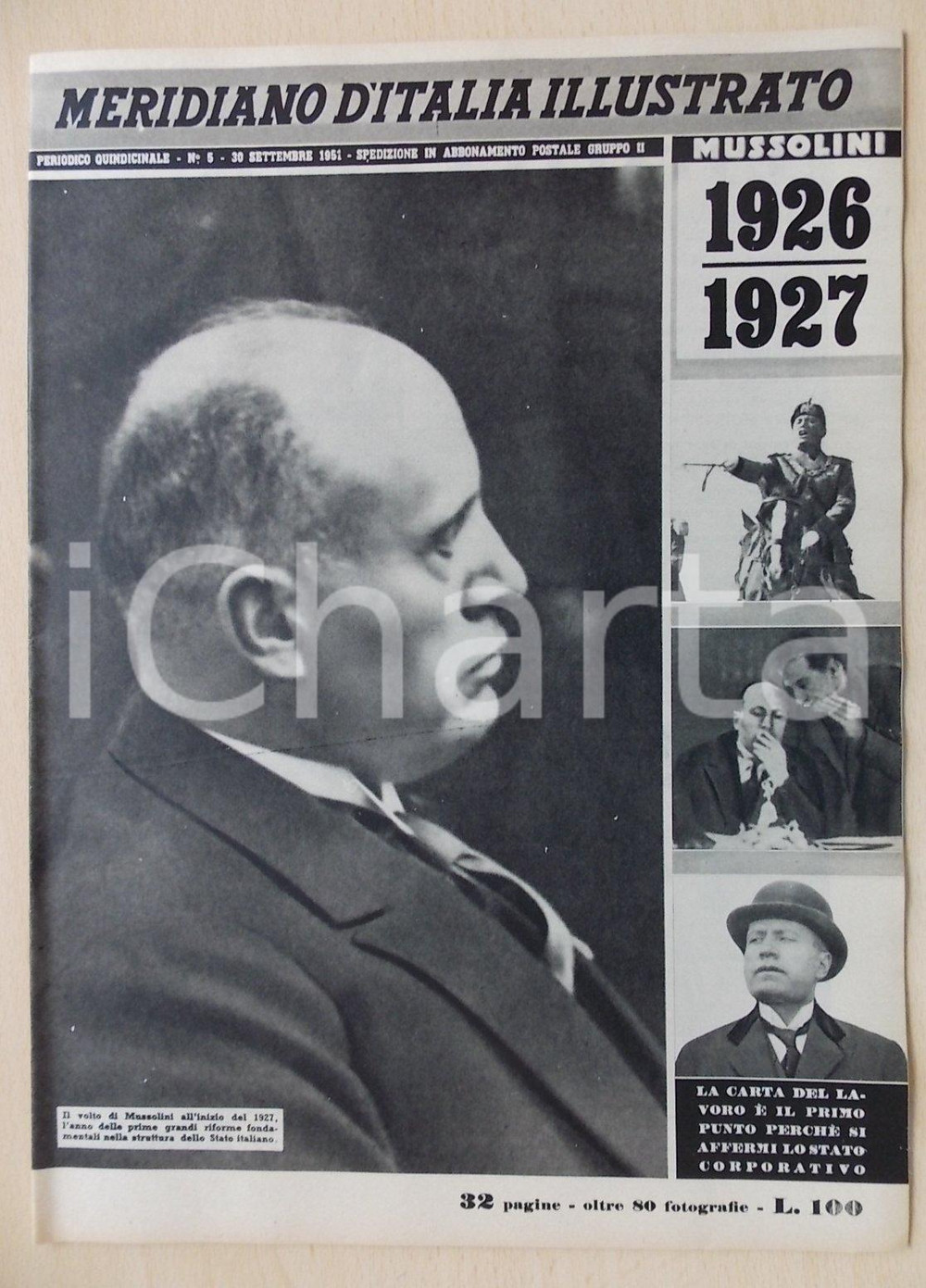 Giornale, rivista storica 1951 MERIDIANO D ITALIA ILLUSTRATO Inserto MUSSOLINI 1926  1927 Rivista n.5 1