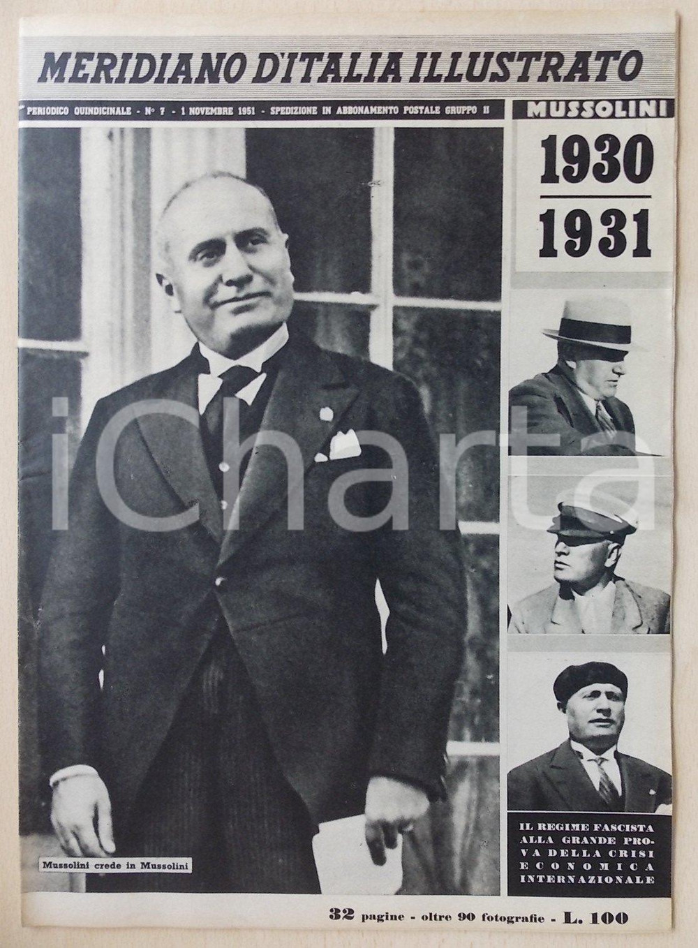Giornale, rivista storica 1951 MERIDIANO D ITALIA ILLUSTRATO Inserto MUSSOLINI 1930  1931 Rivista n.7 1