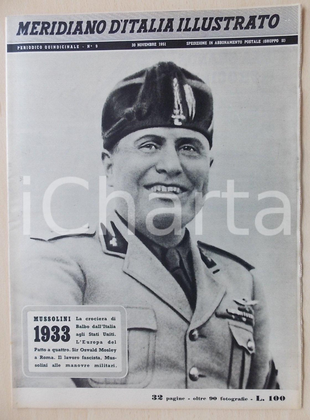 Giornale, rivista storica 1951 MERIDIANO D ITALIA ILLUSTRATO Inserto MUSSOLINI 1933 Rivista n.9 1