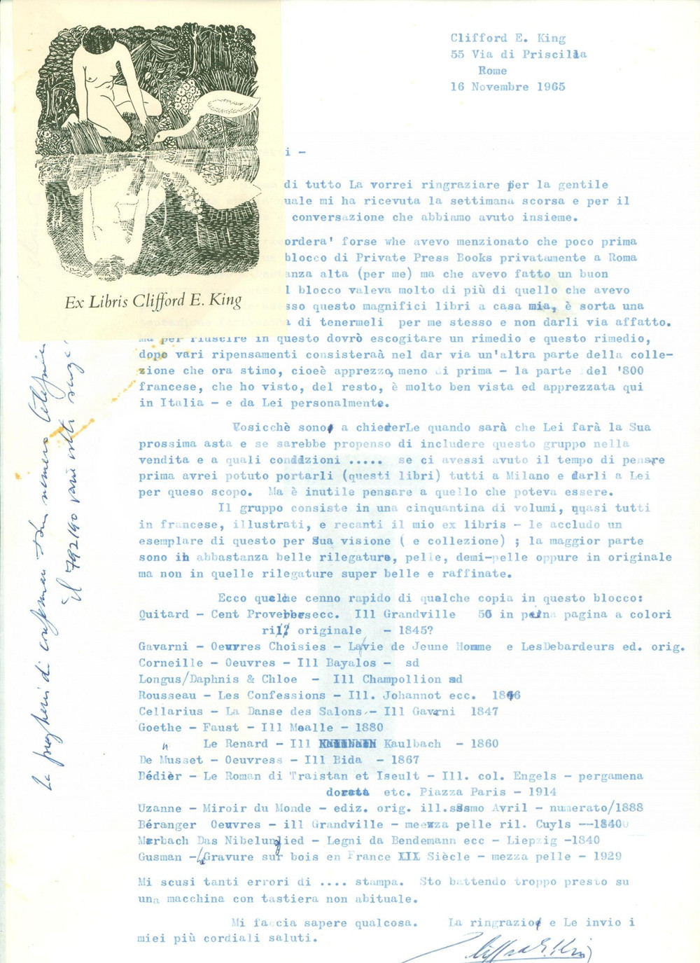 Autografo originale 1965 ROMA Libraio Clifford E. KING invia elenco volumi con Ex Libris AUTOGRAFO 1