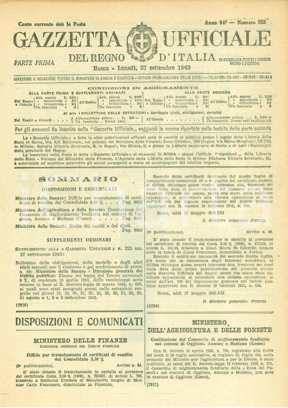 Documento originale, autentico 1943 GAZZETTA UFFICIALE WWII Media dei cambi e dei titoli dei valori esteri 1